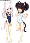  :&lt; :3 animal_ears bad_id bangs barefoot bell bell_collar black_hair blue_eyes blue_swimsuit blunt_bangs blush cat_ears cat_tail chocolat_(sayori) collar feet flat_chest hand_on_own_face highres long_hair multiple_girls name_tag one-piece_swimsuit open_mouth original pigeon-toed pink_hair sayori school_swimsuit slit_pupils standing_on_one_leg swimsuit tail twintails vanilla_(sayori) white_school_swimsuit white_swimsuit young 
