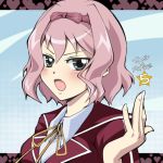  black_eyes blush bow hair_bow lowres pink_hair school_uniform short_hair tag_force tasha tsan_dire yu-gi-oh! yuu-gi-ou yuu-gi-ou_5d&#039;s yuu-gi-ou_5d's 