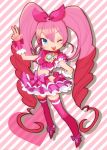  ;d blue_eyes brooch chibi choker cure_melody dress frills gathers hair_ribbon hand_on_hip happy heart hips houjou_hibiki jewelry long_hair magical_girl makino_(c-electro) masano midriff open_mouth pink_hair pink_legwear precure ribbon ruffles shoes smile solo suite_precure thigh-highs thighhighs twintails v wink wrist_cuffs 