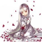  bangs blunt_bangs dress el elysion flower long_hair open_mouth outstretched_arm petals red_eyes rifsom rose seiza sitting solo sound_horizon very_long_hair white white_background white_hair 
