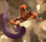  anklet arabian_clothes backflip baggy_pants breasts jewelry lowres pointy_ears ponytail purple_hair shantae shantae_(character) shantae_(series) smile somersault underboob 