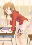  between_toes brown_eyes brown_hair censored clenched_teeth convenient_censoring convenient_leg desk drawing feet foot_hold highres hoodie kyoudyu legs marker markers original pencil pencil_sharpener pleated_skirt ruler short_hair skirt soles sweatdrop sweater toes writing 