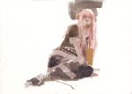  boots headphones megurine_luka misawa_hiroshi pink_hair pixiv_manga_sample realistic sitting traditional_media vocaloid watercolor_(medium) 