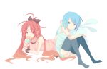  bare_shoulders black_legwear blue_eyes blue_hair bunny casual food hair_ornament hair_ribbon hairclip highres ice_cream ice_cream_cone long_hair mahou_shoujo_madoka_magica miki_sayaka mmco multiple_girls nail_polish ponytail rabbit red_eyes red_hair redhead ribbon sakura_kyouko scrunchie short_hair stuffed_animal stuffed_toy tank_top thigh-highs thighhighs 