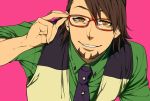  adjusting_glasses brown_eyes brown_hair facial_hair glasses grin grinning kaburagi_t_kotetsu male necktie red-framed_glasses short_hair simple_background slit_pupils smile solo stubble tiger_&amp;_bunny vest waistcoat yachou 