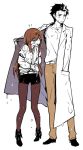  1girl angry blush brown_hair couple height_difference labcoat legwear_under_shorts looking_away makise_kurisu misti okabe_rintarou pantyhose purple_eyes shorts simple_background standing steins;gate violet_eyes wet wet_clothes wringing_clothes 
