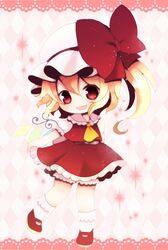  ascot blonde_hair blush chibi fang flandre_scarlet hair_ribbon harusan hat highres open_mouth red_eyes ribbon shirt side_ponytail skirt skirt_set smile solo the_embodiment_of_scarlet_devil touhou wings 