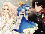  2boys 2girls armor armored_dress bad_id black_hair blonde_hair cigarette dress emiya_kiritsugu excalibur fate/stay_night fate/zero fate_(series) gauntlets green_eyes hair_ribbon hisau_maiya irisviel_von_einzbern long_hair multiple_boys multiple_girls ponytail red_eyes ribbon saber short_hair subaru_(hz) sword weapon 