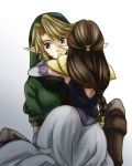  blue_eyes brown_hair earrings hat hug jewelry link long_hair nintendo pointy_ears princess_zelda suzuno_(kazahanasu) the_legend_of_zelda twilight_princess 