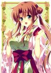  absurdres apron blue_eyes blush breasts brown_hair hair_bun hare_tokidoki_otenkiame highres inanokami_kanae japanese_clothes kimono kusukusu large_breasts long_hair looking_at_viewer obi open_mouth smile solo standing 