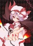  ascot bat_wings belt blue_hair chain chains dress foreshortening grin hat highres nail_polish outstretched_hand pink_dress red_eyes remilia_scarlet sacha sharp_teeth smile solo touhou wings 