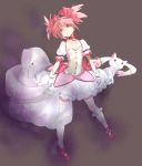  bow bubble_skirt choker dummy04 earrings flat_chest footwear frills gloves grey_background hair_bow jewelry kaname_madoka kyubey magical_girl mahou_shoujo_madoka_magica naso4 pink_eyes pink_hair puffy_sleeves short_twintails socks thigh-highs thighhighs twintails white_legwear 