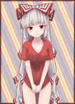  1girl blush bow fujiwara_no_mokou hair_bow long_hair miyo_(ranthath) naked_shirt red_eyes shirt_tug silver_hair solo touhou very_long_hair 