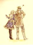 1girl adult alvin_(tales_of_xillia) blonde_hair brown_hair coat couple dress elise_lutas elise_lutus from_behind gloves hand_holding height_difference holding_hands long_hair pointing ribbon short_hair smile tales_of_(series) tales_of_xillia tooru_(ornis) 