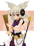  brown_eyes earmuffs fang headphones highres mabuchoco_m ritual_baton rod_of_remorse sheath sleeveless solo sword sword_of_hisou touhou toyosatomimi_no_miko weapon white_hair 