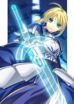  armor armored_dress blonde_hair dress fate/stay_night fate/zero fate_(series) frown gauntlets green_eyes hair_ribbon invisible_air night outstretched_hand puffy_sleeves ribbon saber solo sword transparent uemukai_dai uemuki uemuki_dai weapon 