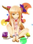  :p ahoge ball barefoot blush bow brown_eyes butterfly_sitting chain cuffs hair_bow highres horn_ribbon horns ibuki_suika indian_style mokyutan navel no_pants orange_hair panties ribbon sitting sleeveless sleeveless_shirt solo tongue touhou underwear wink wrist_cuffs 