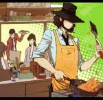  apron arsene_lupin_iii beard black_hair blue_fire blue_flame brown_hair chair cigarette closed_eyes cooking eyes_closed facial_hair fire food frying_pan hat ishikawa_goemon_xiii japanese_clothes jigen_daisuke kotaru_(1286284) letterboxed lupin_iii mine_fujiko multiple_boys necktie plate sarashi sitting spatula 