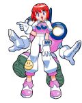  :d blue_eyes gloves headphones open_mouth pastel_(twinbee) red_hair robot simple_background smile solo twinbee winbee yoshizaki_mine 