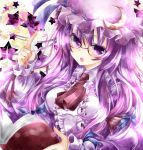  ascot book crescent dress glasses hair_ribbon hat long_hair nanase_nao open_mouth patchouli_knowledge pointing pointing_up purple_dress purple_eyes purple_hair ribbon solo star touhou violet_eyes 