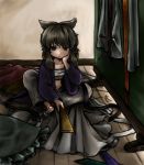  bandage bandages brown_eyes brown_hair chin_rest clothes open_clothes open_shirt ritual_baton sarashi shirt siroooo sitting solo touhou toyosatomimi_no_miko 