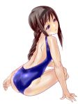  akemi_homura arm_support ass back backless bare_back bare_shoulders barefoot black_hair braid brown_hair competition_swimsuit dodai_shouji face feet from_behind hairband hands head_tilt highres lips mahou_shoujo_madoka_magica one-piece_swimsuit payot purple_eyes sho~taro simple_background sitting solo swimsuit toes violet_eyes 