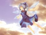  barefoot blue_hair bow cirno closed_eyes cloud eyes_closed flying hair_bow maki_(seventh_heaven_maxion) outstretched_arms ponytail ribbon short_hair sky solo spread_arms touhou wings 