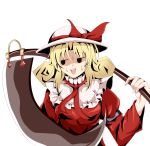  blonde_hair elly hat hat_ribbon highres jitome open_mouth over_shoulder ribbon scythe shino_(moment) simple_background solo sweatdrop teeth touhou touhou_(pc-98) weapon weapon_over_shoulder 