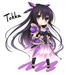  1girl armor armored_dress bow chibi date_a_live kaguyuu long_hair looking_at_viewer purple_hair purple_legwear signature simple_background skirt smile solo very_long_hair violet_eyes white_background yatogami_tooka 
