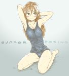  arms_behind_head arms_up barefoot brown_eyes brown_hair iro_(waterloafer) long_hair one-piece_swimsuit original school_swimsuit sitting solo swimsuit wariza wet 