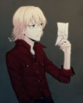  bad_id barnaby_brooks_jr blonde_hair blue_eyes glasses jacket jewelry male necklace paper red_jacket short_hair solo teenage tiger_&amp;_bunny u_(mypace) u_n_a 