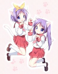  animal_ears cat_ears cat_pose cat_tail hair_ribbon highres hiiragi_kagami hiiragi_tsukasa kneehighs loafers long_hair lucky_star mani paw_pose purple_eyes purple_hair ribbon school_uniform shoes short_hair siblings sisters skirt tail twins twintails usashiro_mani violet_eyes white_legwear 