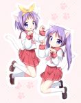  animal_ears cat_ears cat_pose cat_tail hair_ribbon highres hiiragi_kagami hiiragi_tsukasa kneehighs loafers long_hair lucky_star mani paw_pose purple_eyes purple_hair ribbon school_uniform shoes short_hair siblings sisters skirt tail twins twintails usashiro_mani violet_eyes white_legwear 