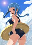  ass blue_hair blush braid character_request cloud copyright_request highres long_hair looking_back one-piece_swimsuit outdoors purple_eyes school_swimsuit sky solo sun swimsuit twintails violet_eyes 