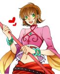  :d annie_barrs annie_barrs_(cosplay) belt bracelet brown_hair cosplay green_eyes happy heart jewelry kazu_sanbon leia_roland midriff navel open_mouth rod short_hair smile solo tales_of_(series) tales_of_rebirth tales_of_xillia white_background 
