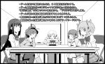  akemi_homura bow comic downtown_no_gaki_no_tsukai_ya_arahende!! drill_hair gendo_pose gendou_pose hair_bow hair_ribbon hairband hands_clasped kaname_madoka long_hair mahou_shoujo_madoka_magica miki_sayaka monochrome multiple_girls ponytail ribbon sakura_kyouko school_uniform short_hair short_twintails sitting tomoe_mami translated translation_request tsukumo twin_drills twintails 