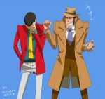  70s arsene_lupin_iii closed_eyes cuffs eyes_closed facepalm fedora formal grin handcuffs hat lupin_iii male multiple_boys necktie oldschool shinya_(midnight_rain) sideburns simple_background smile suit trench_coat zenigata_kouichi 