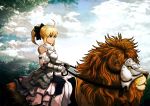  aqua_eyes armor armored_dress bare_shoulders blonde_hair bow cielociel detached_sleeves dress fate/stay_night fate/unlimited_codes fate_(series) faulds hair_bow hair_ribbon lion long_hair ponytail ribbon riding saber saber_lily solo 