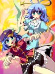  aqua_eyes arms_up blue_eyes blue_hair breasts chinese_clothes dress flower geogeo hair_ornament hair_rings hair_stick hat highres jiangshi kaku_seiga large_breasts miyako_yoshika multiple_girls ofuda open_mouth outstretched_arms shawl short_hair skirt smile star touhou vest zombie_pose 