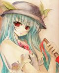  blue_hair blush bowtie color_ink_(medium) face graphite_(medium) hat hinanawi_tenshi long_hair no_nose open_mouth puffy_sleeves red_eyes solo sugai touhou traditional_media 