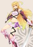  :d ahoge blonde_hair boots breasts choker cross-laced_footwear elbow_gloves foreshortening gloves knee_boots long_hair midriff milla_maxwell mound_of_venus navel open_mouth prime purple_eyes red_eyes sheath side_slit simple_background skirt smile solo sword tales_of_(series) tales_of_xillia taut_shirt tubetop violet_eyes weapon 