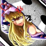  anger_vein angry blonde_hair breasts cleavage crack evil eyes gap gloves hat hat_ribbon jpeg_artifacts long_hair peeking purple_eyes red_eyes ribbon solo tamasan touhou violet_eyes yakumo_yukari 