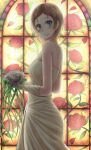  atelier atelier_meruru bad_id bare_shoulders blue_eyes blush bouquet brown_hair dress elbow esty_erhard flower gloves grey_rose gust hair_ornament hairclip highres kino_(kino_buro) looking_at_viewer red_rose rose short_hair smile solo stained_glass standing wedding_dress 