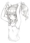  ahoge aouma armpits arms_up bunching_hair bust camisole face graphite_(medium) hairdressing highres idolmaster looking_at_viewer monochrome mouth_hold scrunchie sketch solo takatsuki_yayoi traditional_media 