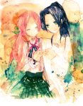  black_hair bureteruyo green_eyes hair_bobbles hair_ornament long_hair multiple_girls original pink_hair skirt traditional_media watercolor_(medium) 