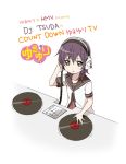  brown_eyes dj funami_yui hand_on_headphones headphones namori open_mouth phonograph purple_hair school_uniform seiyuu_connection short_hair solo tsuda_minami turntable yuru_yuri 