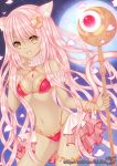  1girl animal_ears bikini cat_ears crescent dark_skin fang highres mina_(last_resort) moon original pink_hair staff swimsuit 