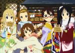  :o \m/ absurdres akiyama_mio arrow black_eyes black_hair blonde_hair blue_eyes brown_eyes brown_hair coat ema furisode glasses hairband half_rim_glasses hamaya highres hirasawa_yui japanese_clothes k-on! kimono kotobuki_tsumugi long_hair manabe_nodoka multiple_girls new_year obi official_art red-framed_glasses sakamoto_kazuya scarf semi-rimless_glasses short_hair shrine tainaka_ritsu under-rim_glasses v winter winter_clothes yukata 