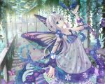  anko_kinako arched_back arm_up bird blue_eyes butterfly butterfly_wings dress flower long_hair looking_at_viewer original silver_hair solo standing water wings 