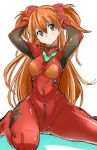  adjusting_hair arms_up blue_eyes blush brown_hair hips iropa long_hair looking_at_viewer neon_genesis_evangelion plugsuit sitting solo soryu_asuka_langley souryuu_asuka_langley wariza 